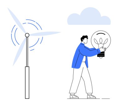 İnsan, sürdürülebilir enerji ve yeniliği sembolize eden rüzgar türbininin yanında dev bir ampul taşır. Yenilenebilir enerji, sürdürülebilirlik, yeşil teknoloji, çevre dostu uygulamalar ve yenilik için ideal