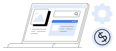 Bilgisayarı arama çubuğu, resim ve metin sayfaları ile aç dişli ve bozuk para sembolünün yanında. İnternet araması, finans, tarama, SEO, teknoloji e-ticaret yeniliği için ideal. Temiz düz metafor