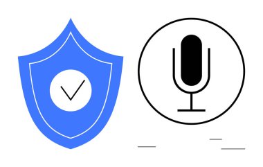 Siyah mikrofonun yanındaki işaretli mavi kalkan veri gizliliğini, ses güvenliğini ve korumayı simgeliyor. Siber güvenlik, gizlilik araçları, dijital güvenlik, şifreleme, ses tanıma için ideal