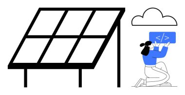 Güneş panelinin yakınındaki bir bulutun altında kodlanan bir kadın yenilik, sürdürülebilirlik ve dijital dönüşüm sergiliyor. Teknoloji geliştirme, yenilenebilir enerji, sürdürülebilirlik, kodlama ve çevre için ideal
