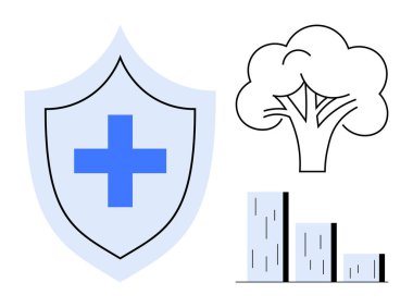 Sağlık hizmetleri için çapraz kalkan, besin için ağaç sembolü, veri için bar tablosu. Sağlık, sağlık, veri analizi, sürdürülebilirlik, büyüme önleme için idealdir. Basit düz metafor