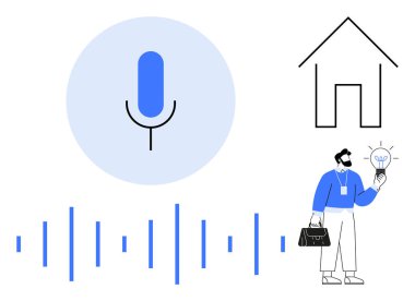Ses dalgalı mikrofon, ev taslağı, elinde ampul tutan adam. Teknoloji, yenilik, akıllı evler, ses kontrolü, enerji verimliliği yaratıcılığı gelecekteki çözümler için idealdir. Basit düz