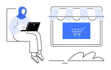 Dizüstü bilgisayar kullanan sıradan giyinmiş bir kadın alışveriş arabası grafiği olan dijital bir mağazanın önünde. E-ticaret, çevrimiçi ticaret, alışveriş, uzak çalışma, dijital ekonomi, girişimcilik için ideal