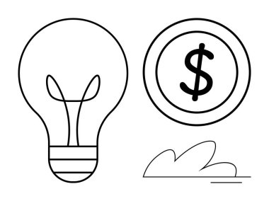 Ampul ve dolar sikke, fikirler, para ve yenilik kavramlarını iletiyor. İş, finans, yaratıcılık, girişimcilik, ekonomik büyüme yatırımı ve strateji için idealdir. Basit düz