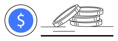 Dijital para birikimini ve servet birikimini simgeleyen mavi bir madeni paranın yanına istiflenmiş paralar. Basit bir daire olarak finans, iş, yatırım, tasarruf, ekonomi, ecommerce ve teknoloji temaları için ideal