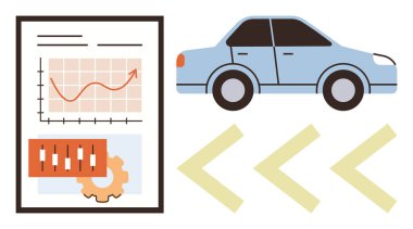 Artan eğilimli grafikler, araba çizimleri, kontrol kaydırıcıları ve veri akışını gösteren oklar. Otomotiv analizleri, performans takibi, hareketlilik, yenilik, verimlilik geliştirme için ideal