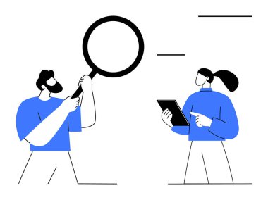 Büyüteçle kontrol eden bir adam ve tablet tutan bir kadın. Takım çalışması, araştırma, teknoloji, analiz, veri keşfi, iletişim, ofis görevleri, basit iniş sayfası için ideal