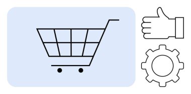 Alışveriş arabası ikonu, baş parmak işareti ve çevrimiçi alışveriş, işlevsellik, müşteri geribildirimi ve memnuniyeti temsil eden teçhizat. E-ticaret, hizmet kalitesi, takım çalışması alımı için ideal