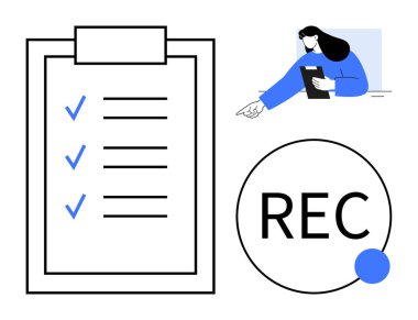 Tamamlanmış görevleri olan kontrol listesi, harekete işaret eden bir tablet kullanan kadın, büyük bir kayıt simgesi. Üretkenlik, görev yönetimi, uzak çalışma, ilerleme izleme, video içeriği oluşturma için ideal