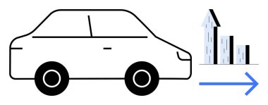 İleriyi gösteren bir okla hareket halindeki araba, büyümeyi ve ilerlemeyi sembolize eden yükselen bar tablosu. Ulaşım, iş büyümesi, sürdürülebilirlik, yenilik, hareketlilik ve teknoloji için ideal