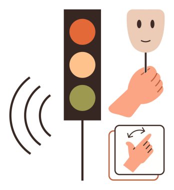Üç ışığı olan trafik ışığı, çubuktaki mutluluk maskesi, el hareketi, ses dalgaları. İletişim, sinyal, duygu, talimatlar, geri bildirim erişilebilirliği için ideal