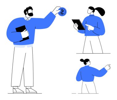 Üç kişi etkileşimde, biri bozuk para tutuyor, diğeri tabletteki mali durumu gözden geçiriyor, ve biri işaret ediyor. Takım çalışması, finans, istişare, karar verme, planlama stratejisi için ideal