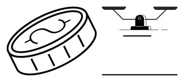 Dolar işareti ve klasik denge ölçeği ile eğik madeni para finansal denge, yargı, zenginlik vurgulanıyor. Bütçe, finans, ekonomi, ticaret, yatırım, tasarruflar için ideal basit düz metafor