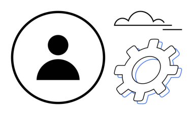 Dairesel kullanıcı profili simgesi, ayarlar için vites sembolü ve veri depolama için bulut ana hatları. Teknoloji, ayar, veri, bulut hesaplama, kullanıcı yönetimi, işletme işlemleri için idealdir