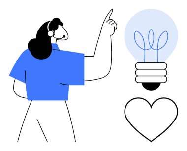 Altında kalp sembolü olan parlayan bir ampulü işaret eden kadın yaratıcılığı, yeniliği, ilhamı, bilgeliği, eğitimi, problem çözmeyi ve yeni fikirlere olan tutkuyu sembolize ediyor. Basit bir daire için ideal