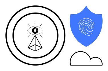 Çember içinde bir piramidin içindeki göz, parmak izli kalkan, bulut simgesi. Güvenlik, gizlilik, gözetleme, veri depolama, vizyon doğrulama güvenliği için ideal. Basit bir düz metaforu temsil eder.