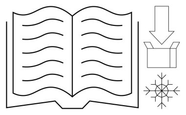 Dalgalı çizgilerin olduğu açık bir kitap, aşağı doğru ok işaretleri, yakınlarda kar taneleri olan bir kutuyu açmak için. Eğitim, içerik dağıtımı, bilgi paylaşımı, kış temaları, okuma alışkanlıkları, ambalaj fikirleri, basit