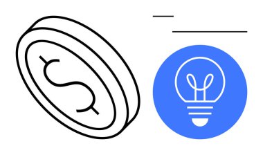 Mavi dairedeki ampul simgesinin yanında dolar işareti olan sikke. Yenilik, fintech, yaratıcılık, iş stratejisi, yatırım, girişimcilik, başlangıç, basit iniş sayfası için ideal