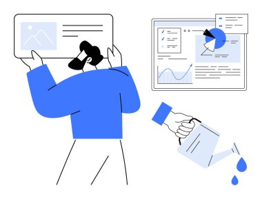 Veri torpidosunu inceleyen, su dolduran, ekranda analitik çizelgeler olan bir adam. İş, büyüme, takım çalışması, yenilik, yönetim, strateji için ideal basit iniş sayfası