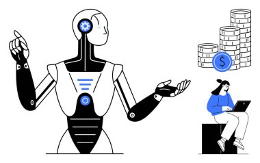 Kadınlar dizüstü bilgisayarda çalışırken madeni para ve dolar işaretleriyle temsil edilen finansal büyümeye doğru hareket eden robot. AI, otomasyon, finans, teknoloji, yenilik, üretkenlik, eğitim için ideal