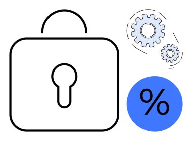 Basitleştirilmiş kilit sembolü, dişliler ve mavi yüzde ikonu ile birleştirilmiş. Finans, güvenlik, optimizasyon, bankacılık, gizlilik, analiz ve siber koruma için ideal. Basit düz metafor