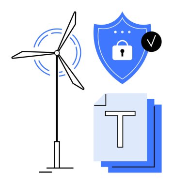 Rüzgar türbini enerji üretiyor. Kilitli kalkan simgesi. Veri güvenliğini simgeliyor. Sürdürülebilirlik, yenilenebilir enerji, siber güvenlik, veri koruması, teknoloji, dijital