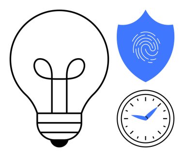 Yaratıcılık için ampul, güvenlik için parmak izi olan kalkan, zaman yönetimi için saat. Yenilik, güvenlik, verimlilik, üretkenlik, planlama, sorumluluk ve büyüme için ideal