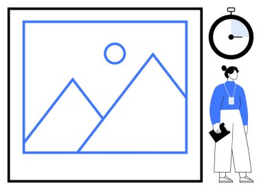 Bir kadının minimalist tasarımı pano ile çerçevelenmiş dağ resimlerini gözlemliyor. Analog saat illüstrasyonunu içerir. Zaman yönetimi, analiz, organizasyon, odaklanma, sanat, verimlilik için ideal, basit