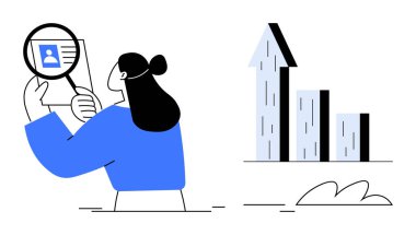 Verileri inceleyen bir profil simgesinin üzerinde büyüteç tutan kadın. Yanındaki grafik büyümeyi ya da ilerlemeyi simgeliyor. İşe alım, İnsan Kaynakları, Analiz, araştırma ve performans için ideal