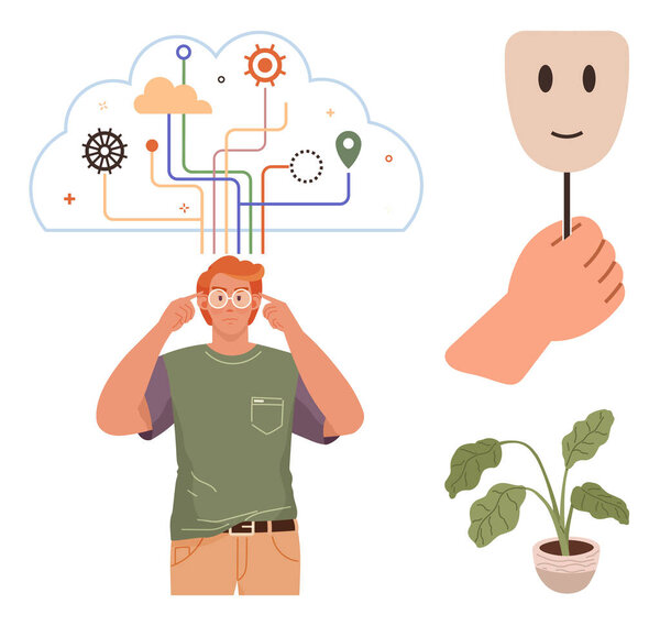 Молодой человек созерцает идеи со схемами в облаке, символизирующими мысли, держа маску, чтобы олицетворять эмоции и идентичность. Идеально подходит для умственного развития, умственного здоровья, самосознания