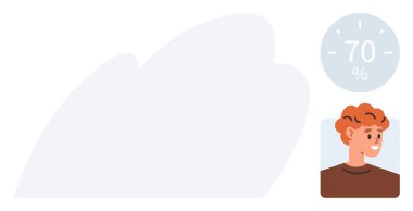 İlerleme göstergesi 70 'te işaretlenmiş, gülümseyen erkek portresi. İlerleme takibi, kişisel hedefler, üretkenlik, analitik, kullanıcı istatistikleri, performans değerlendirmesi, basit düz metafor