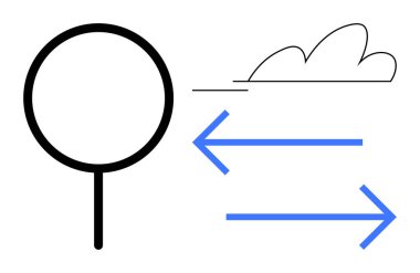 Büyüteç iki mavi yönlü ok ve minimum bulut çizimi üzerine odaklanıyor. Bilim, araştırma, analiz, hava durumu, gözlem, keşif ve iletişim için ideal. Temiz, düz metafor