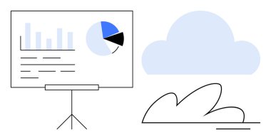 Çizelge tahtasında soyut bulutun yanında çubuk ve turta grafik verileri gösteriliyor. Veri analizi, takım çalışması, bulut hesaplama, yenilik, planlama, strateji ve iş için idealdir. Basit düz metafor