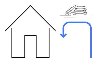 Bozuk paraların ve eğri mavi okun yanında asgari ev çizgisi. Finans, yatırım, ipotek, tasarruf, gayrimenkul, ekonomi ve bütçe için ideal. Basit düz metafor