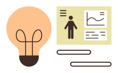 İnsan simgesi ve veri grafiklerinin yanında ampul yaratıcılığı, yeniliği, veri analizini ve ilerlemeyi sembolize eder. İş, analitik, araştırma, strateji eğitimi ve teknoloji için idealdir. Basit.