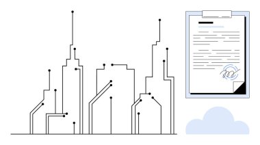 Dijital devrelerle birbirine bağlı gökdelenler, imzalı bir dijital sözleşme ve bulut hizmetine bağlı akıllı bir şehir ağını işaret ediyor. Teknoloji, iletişim, kentsel planlama, yenilik için ideal