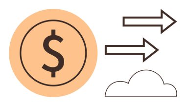 Yuvarlak arka planda dolar sembolü, bulutu gösteren oklar. Fintech, para transferi, dijital ödeme, online bankacılık, bulut hesaplama, e-ticaret, basit düz metafor