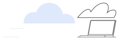 Bilgisayarın altında dizüstü bilgisayar, arka planda mavi bulut, dijital depolama ve veri alışverişini vurguluyor. Teknoloji, ağ oluşturma, yenilik, veri transferi, İnternet hizmetleri, depolama için ideal