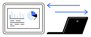 Analiz, grafik ve grafikleri gösteren bir dizüstü bilgisayar ve tablet arasındaki veri paylaşımı. Teknoloji, iş dünyası, bilgi alışverişi, uzaktan çalışma, bağlantı, iletişim veri analizi için ideal