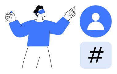 Dijital kişi profili ve meta veri sembollerine işaret eden VR kulaklık takan kişi. Teknoloji için ideal, sanal gerçeklik, yenilik, sosyal medya, veri ağları, dijital kavramlar, basit