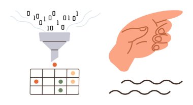 Bir huniden organize bir şebekeye filtrelenmiş dijital veriler, el hareketi yönü, dalgalı çizgiler. Veri işleme, organizasyon, yön, akış, analiz verimliliği için ideal. A