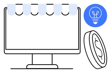 Elektronik ticareti, yeniliği ve gelir üretimini gösteren vitrin güneşliği, bozuk para ve ampul ikonuna sahip bilgisayar ekranı. İş stratejisi için ideal, teknolojik girişimler, çevrimiçi perakende, yaratıcı