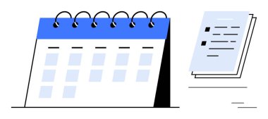 Düzgünce istiflenmiş belgelerin yanında işaretlenmiş boşluklar olan sarmal masa takvimi. Üretkenlik, programlama, toplantı planlaması, organizasyon, görev takibi, öncelik sıralaması, basit düz metafor