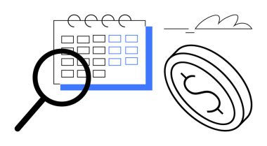 Bir dolar madeni para ve arka plan elementlerinin yanında bir takvim üzerine odaklanan büyüteç. Konseptler için ideal finansman, bütçe, planlama, mühlet, yönetim, takvim, kaynak