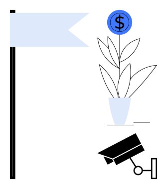 Çömlekte dolar işareti, güvenlik kamerası ve finans, güvenlik ve başarı gibi kavramları destekleyen bayrak direği ile büyüyen bitki. Yatırım, tasarruf, hedefler ve büyüme başarısı izleme için ideal