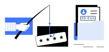 Kişisel ve tıbbi verileri olan bir klasörün yanında yıldız işaretli parola yakalama çubuğu. Siber güvenlik, çevrimiçi güvenlik, hackleme, mahremiyet, veri koruması, bilinçlendirme eğitimi için ideal