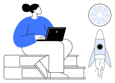 Bireyler kitapların üzerinde otururken bir dizüstü bilgisayarda çalışır, roket atarla. Eğitim, teknoloji, kendini geliştirme, girişim, yaratıcılık ve yenilik için idealdir. Basit düz metafor
