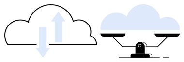 Yukarı ve aşağı okları olan bulut simgesi veri alışverişini vurgular, denge derecelendirme eşitliğinin yanında. Veri depolama, bağlantı, adalet, denge, teknoloji, eşitlik ve bulut için ideal