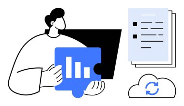 Çubuk şekilli yapboz parçası tutan kişi, arka planda ekran, kutulu belgeler, bulut senkronizasyonu. İş stratejisi, veri entegrasyonu, sorun çözme, takım çalışması ve planlama için ideal