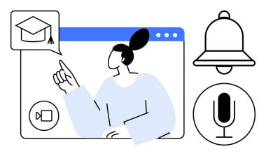 Eğitimci mezuniyet şapkasını gösteren bir video ekranı, mikrofon ve uyarı zili. Eğitim, e-öğrenim, uzaktan eğitim, webinar, iletişim, teknoloji, basit